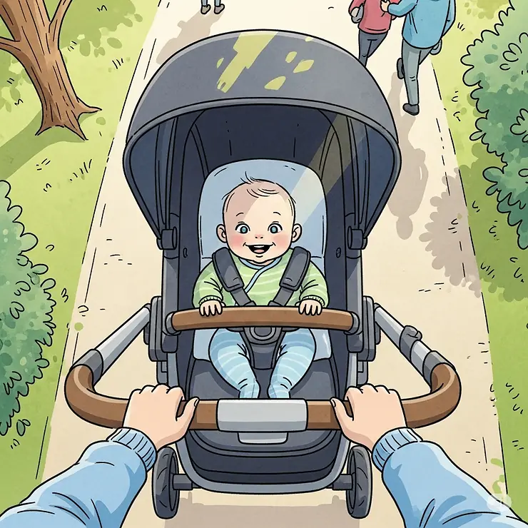 An illustration from the parent's perspective, showing their clear view of the baby in a parent-facing stroller.