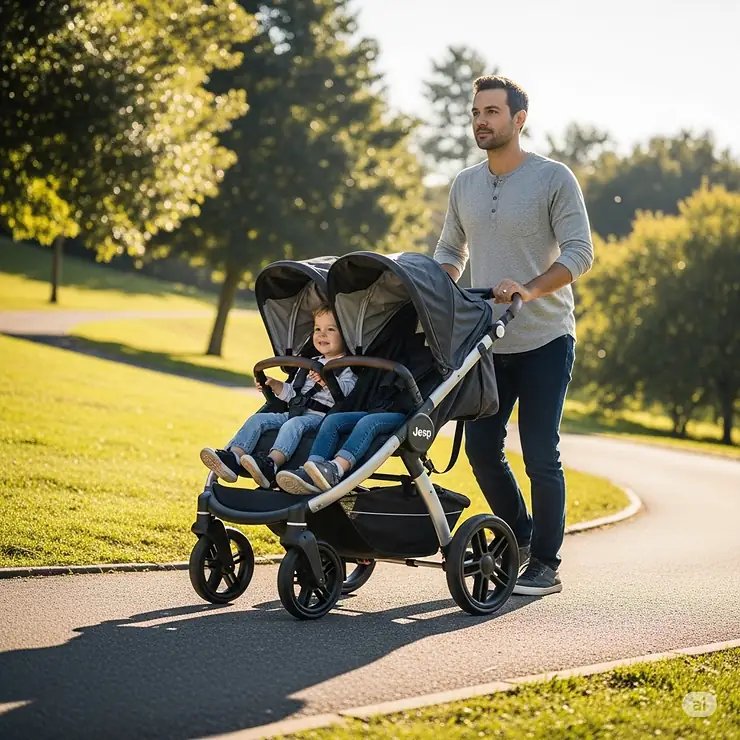 A parent pushing a Jeep double stroller effortlessly uphill, emphasizing its lightweight design and maneuverability.