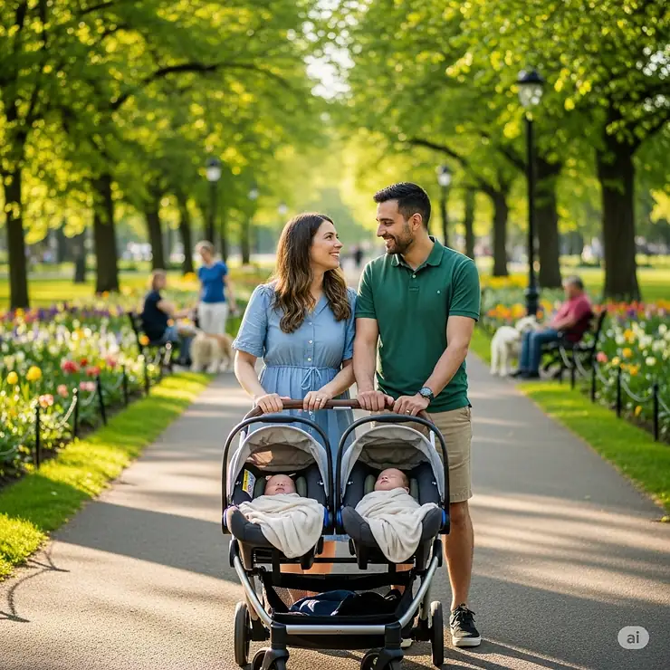 A family with newborn twins pushing a stroller car seat combo through a park.