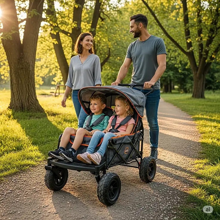 A family with two kids using a durable, all-terrain wagon stroller while walking on a park trail.