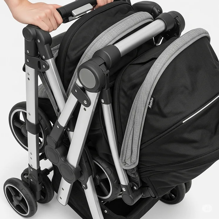 Close-up of a four-seater pram being folded, highlighting its compact and space-saving design.