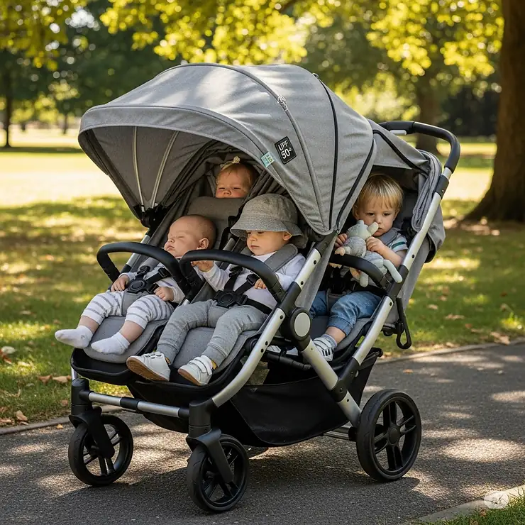 A retractable sun canopy on a four-seater pram, fully extended to provide shade and UV protection for the children inside.