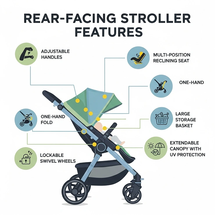 An infographic highlighting key features of a rear-facing stroller, such as adjustable handles and reclining seats.