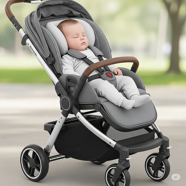 An illustration showing an infant comfortably positioned in a rear-facing stroller seat with head support.