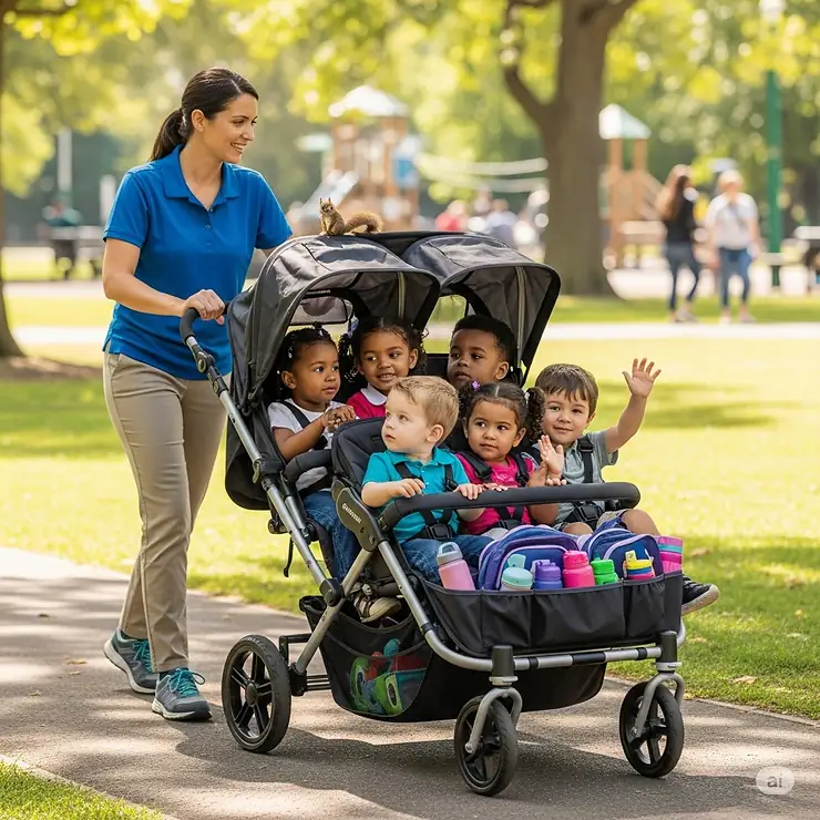 A teacher uses a six-seater pram to safely transport a group of preschoolers during a field trip, showcasing its ideal use for school and daycare settings.