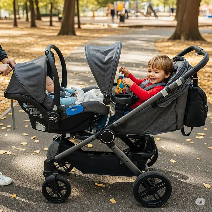 A side-by-side double stroller configuration with one side accommodating a compatible infant car seat and the other a toddler.