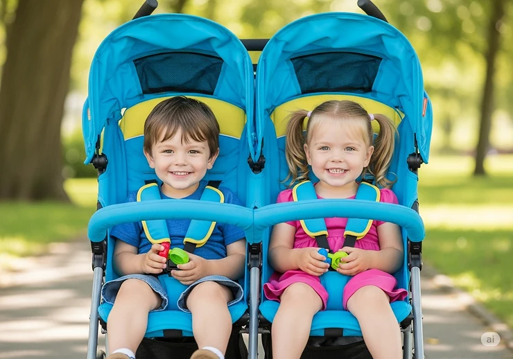 A front-facing shot of a side-by-side umbrella stroller with two young children seated comfortably, showcasing the ample space. best rated double umbrella stroller