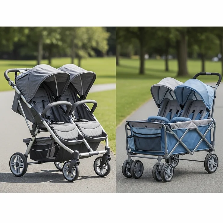 A side-by-side comparison of a traditional double stroller and a wagon stroller for two, highlighting the differences in design and space.