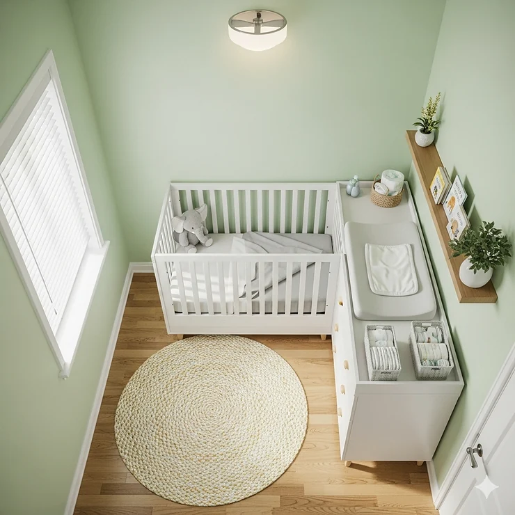An overhead view showcasing how a compact crib and changing table combo saves space in a small nursery.