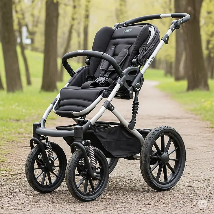 Close-up of durable, all-terrain wheels and a robust suspension system on a stroller suitable for big kids on various surfaces.