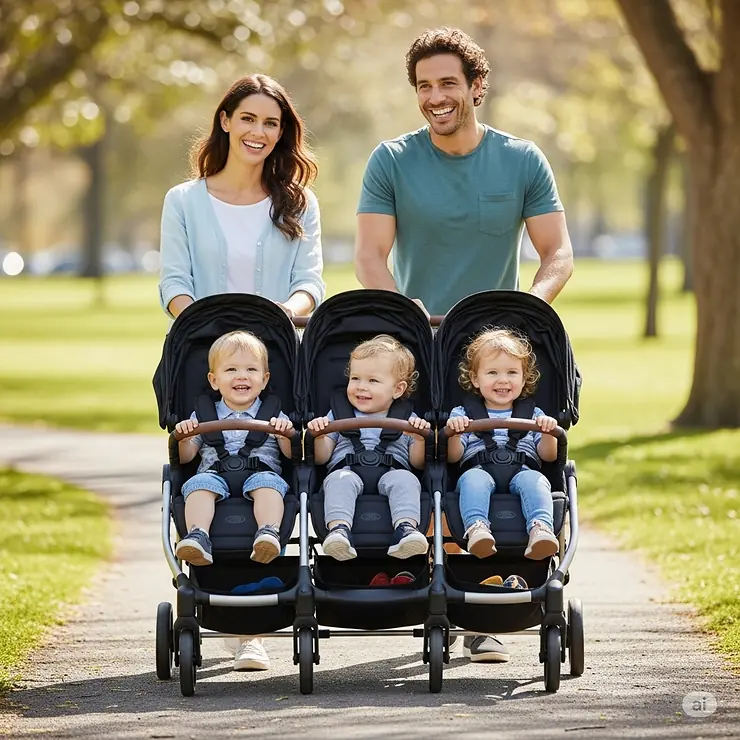 A family joyfully pushing a triple stroller with three children sitting comfortably inside, showcasing the stroller's compact and functional design for multiple kids.