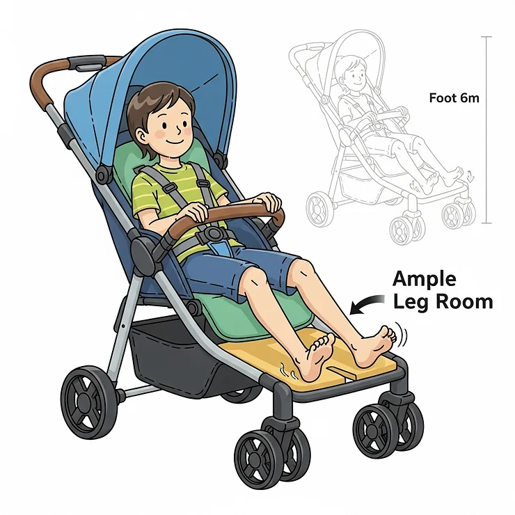 An illustration showing ample leg and foot room in a stroller, ensuring a comfortable ride for older and taller kids.