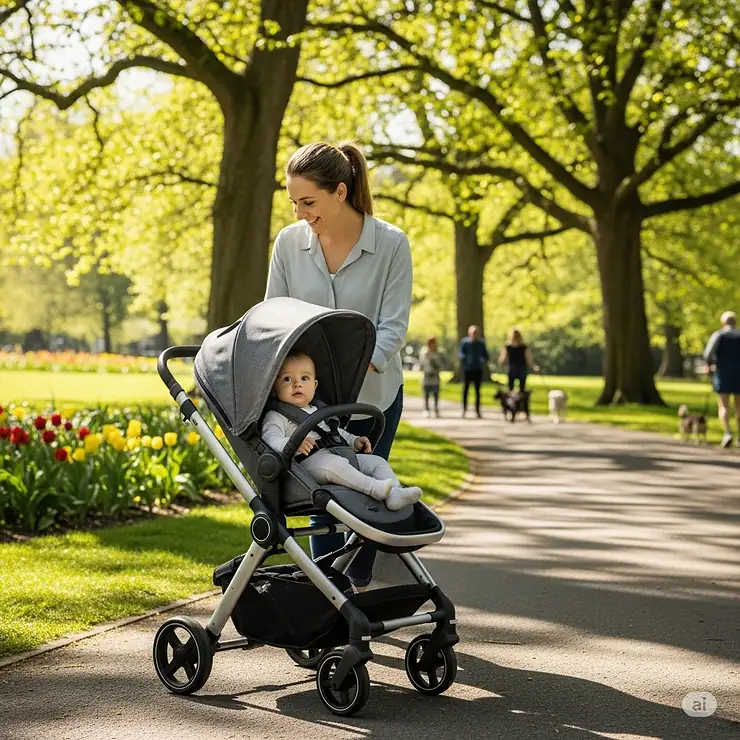 A modern parent-facing stroller being pushed through a park, allowing the parent to maintain eye contact with their child.