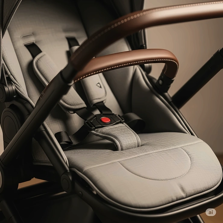 Close-up of a stroller's reversible seat, clearly showing the parent-facing configuration for easy interaction.