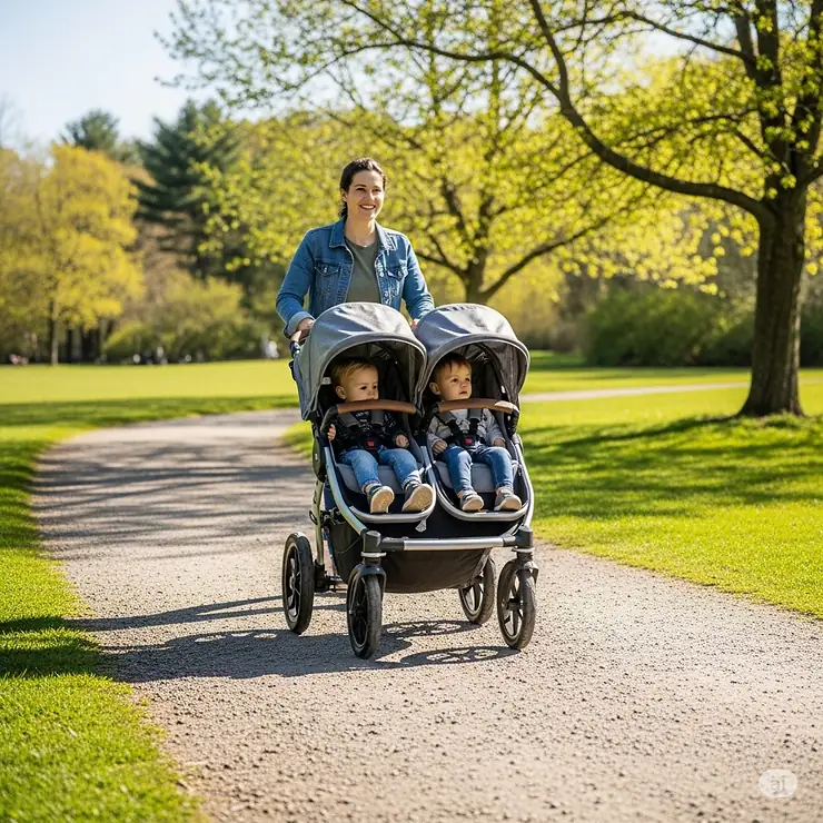 The Summit X3 Double Stroller being pushed effortlessly on a gravel path, highlighting its all-terrain capabilities and durable tires.