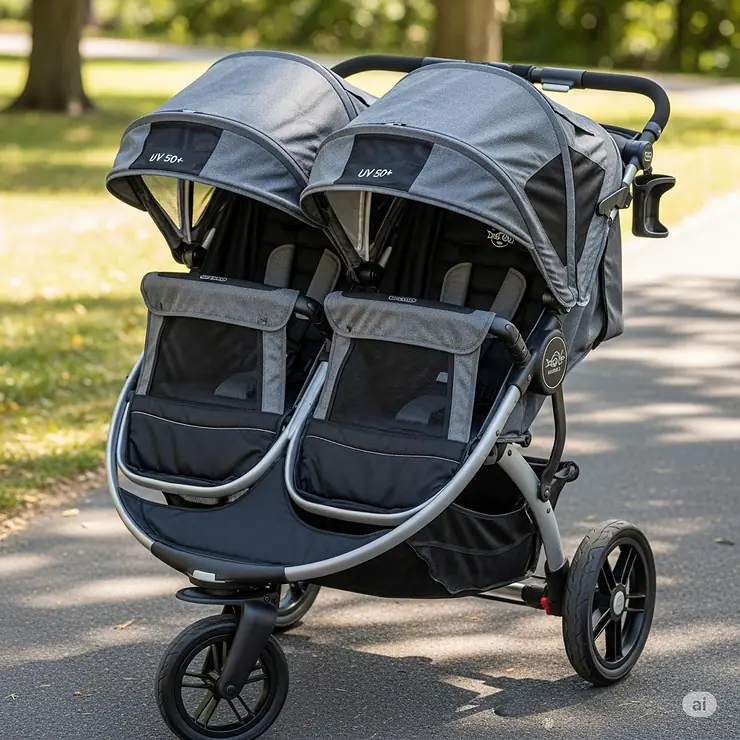 The large, UV 50+ sun canopies of the Baby Jogger Summit X3 Double Stroller, shown with the peek-a-boo windows open to check on your children.