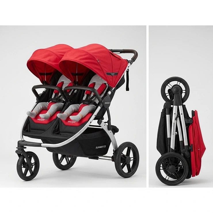 A side-by-side comparison showcasing the Baby Jogger Summit X3 Double Stroller in its fully assembled state and then folded down for compact storage.
