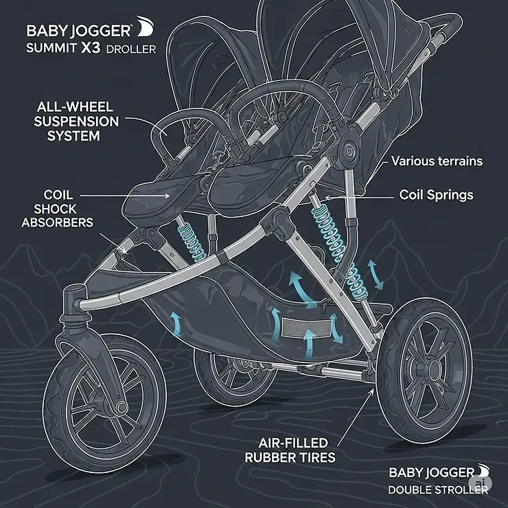An illustration highlighting the all-wheel suspension system of the Baby Jogger Summit X3 Double Stroller, designed to provide a smooth ride on various terrains.