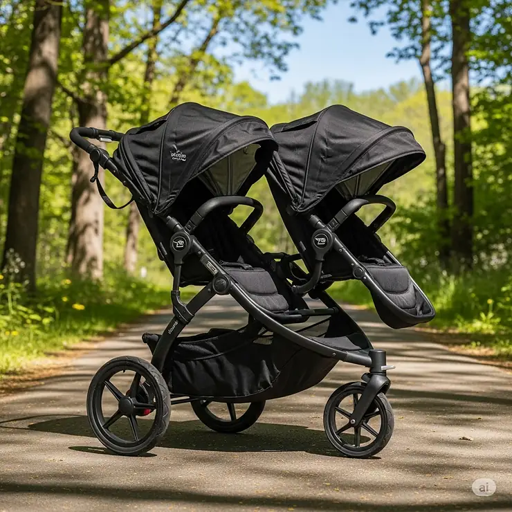 A high-resolution photo of the Baby Jogger Summit X3 Double Stroller in black, with both seats reclined and the canopy fully extended. It's parked on a paved trail with a natural backdrop, ready for a jog.