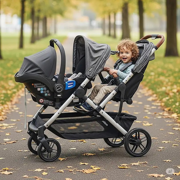 A tandem double stroller setup with the front seat holding an infant car seat and the rear seat for an older child.