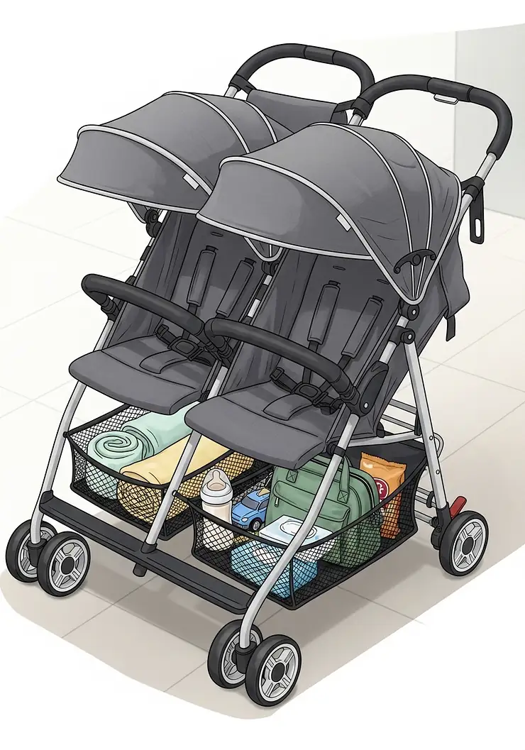 An illustration of a tandem umbrella stroller with its under-seat storage baskets visible, showing the capacity for carrying essentials.