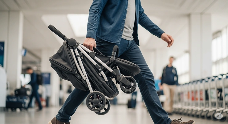 An image of a parent carrying a travel-friendly double stroller by its handle, emphasizing its portability and lightweight nature.