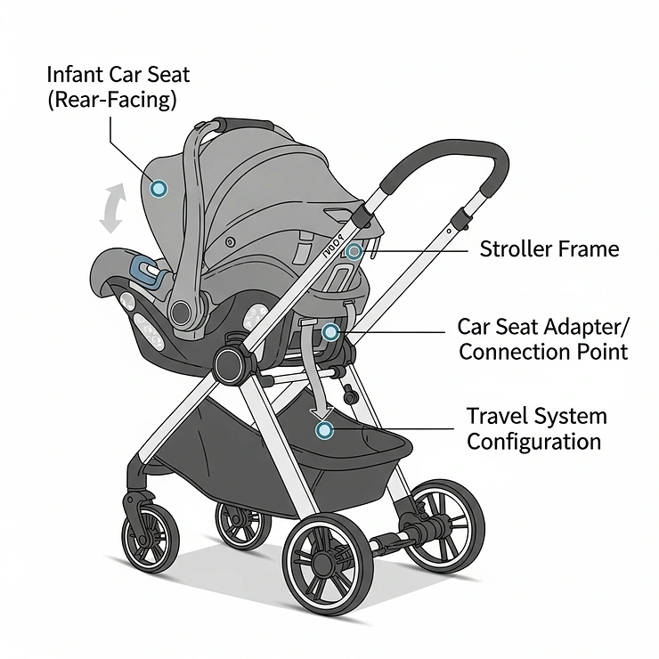 Diagram showing a rear-facing car seat being securely attached to a stroller frame to create a travel system.