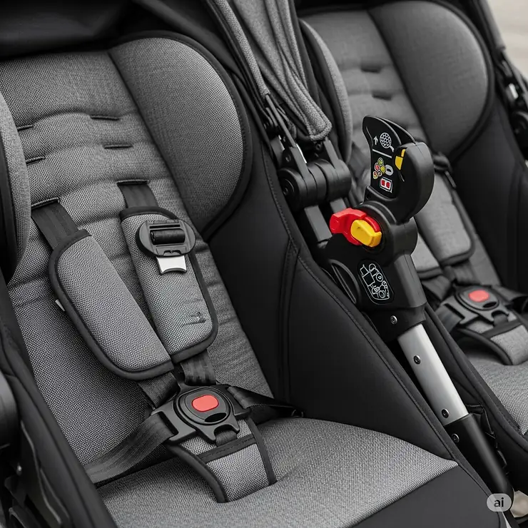 A detailed view of the safety features of a twin stroller car seat, including a five-point harness and a secure locking mechanism.