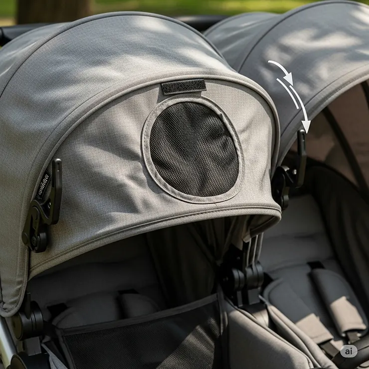 A close-up of the adjustable canopy on a twin stroller, providing shade and sun protection.