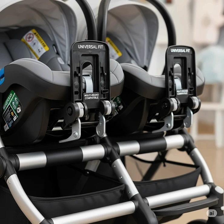 An image highlighting the universal car seat adapters that allow different brands of infant car seats to attach to the twin stroller frame.