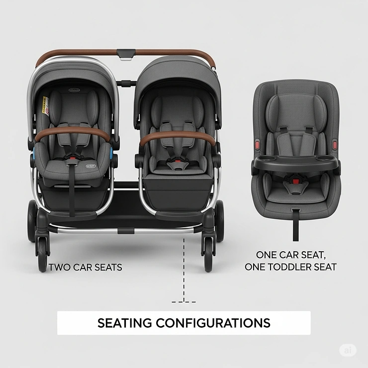 A graphic illustrating the different seating configurations available with a twin stroller, such as two car seats or one car seat and one toddler seat.
