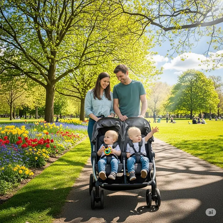 A family with a twin stroller enjoying a sunny day at the park.