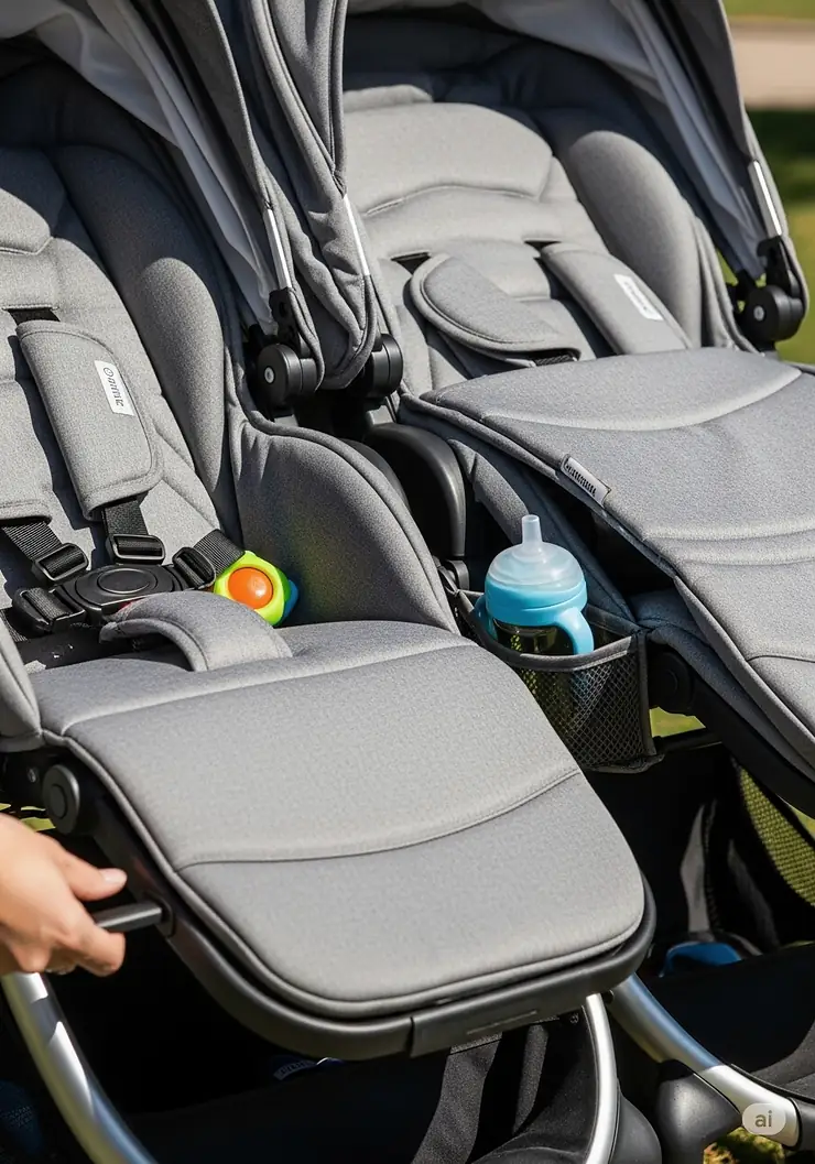 An image focusing on the reclining seats of a twin stroller, demonstrating the individual adjustability and comfort for each child.