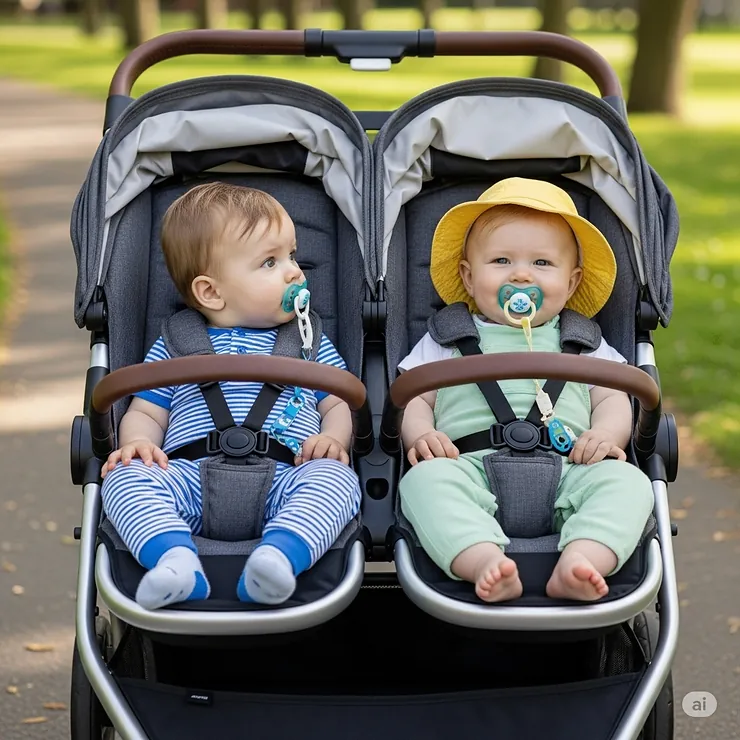 A side-by-side twin stroller with two infants sitting comfortably.