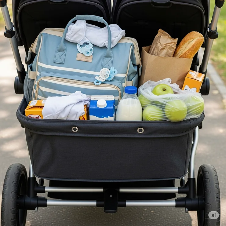 The spacious storage basket of a twin stroller, holding a diaper bag and groceries.