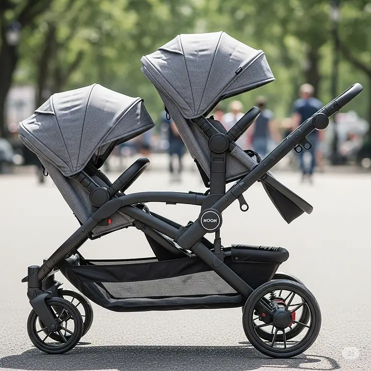 A tandem twin stroller, showing one seat behind the other for a space-saving design.