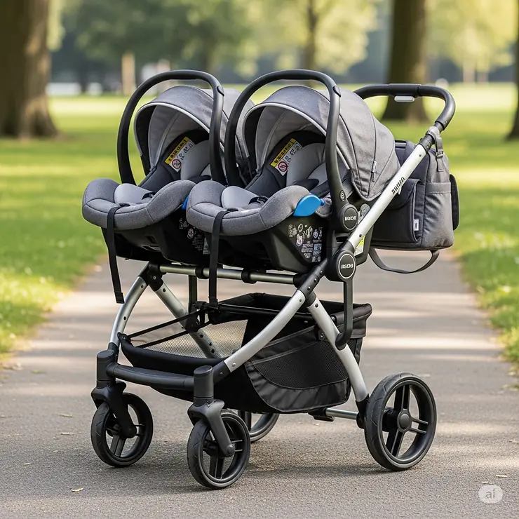 A twin stroller travel system with two infant car seats attached, great for new parents.