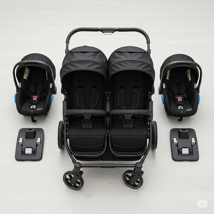All the components of a twin travel system laid out, including the stroller, car seats, and bases.