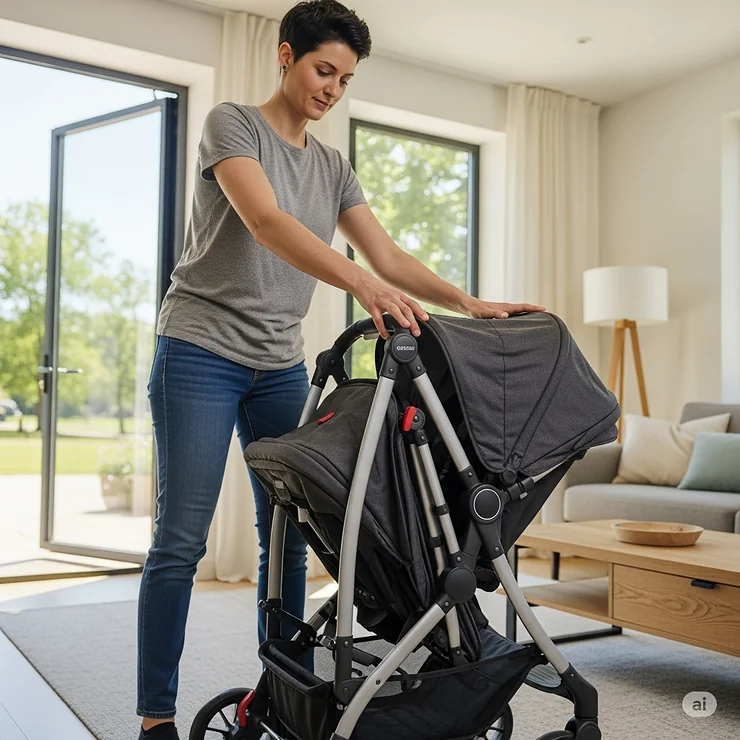 A person demonstrating how to easily fold a twin travel system for storage or transport.