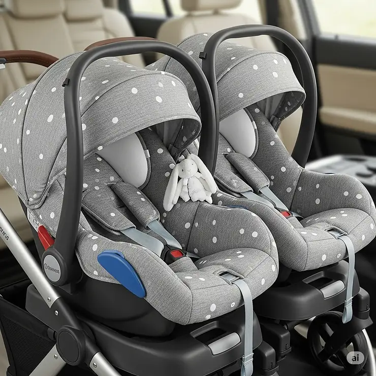 Close-up of two infant car seats that are part of a complete twin travel system.