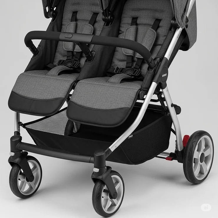 The main stroller chassis of a twin travel system, shown without the car seats attached.