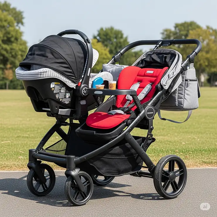 A tandem-style twin travel system, with one seat in front of the other.