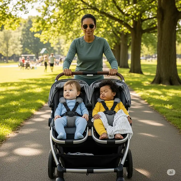 A parent pushing a twin travel system with two babies comfortably secured inside.
