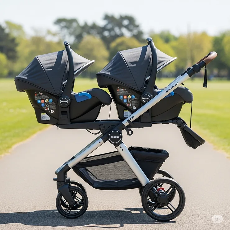 A side-by-side view of a modern twin travel system with two infant car seats attached, ready for a stroll.