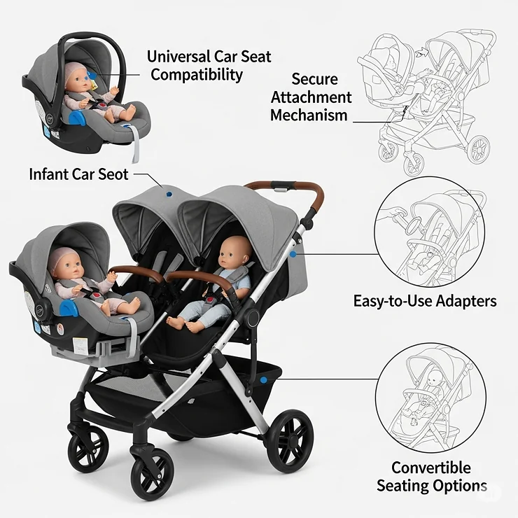 A graphic demonstrating the versatility of a double stroller that can accommodate a universal infant car seat with the correct attachment.