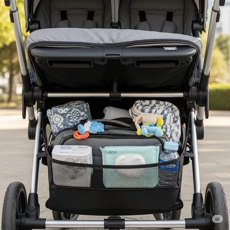 The spacious under-seat storage basket of the Valco Trend Duo stroller, with plenty of room for essentials.