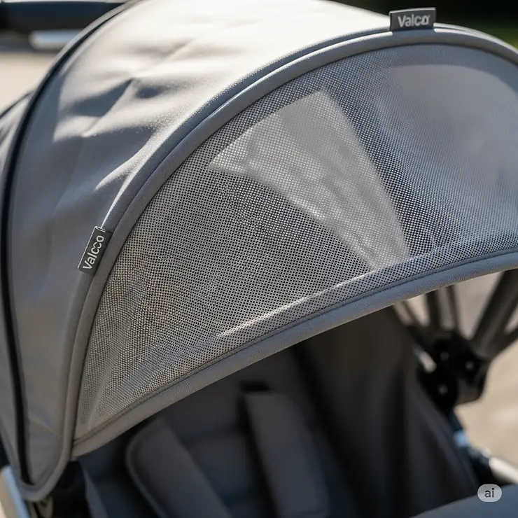 Close-up of the Valco Trend Duo stroller's canopy, highlighting the ventilation mesh.