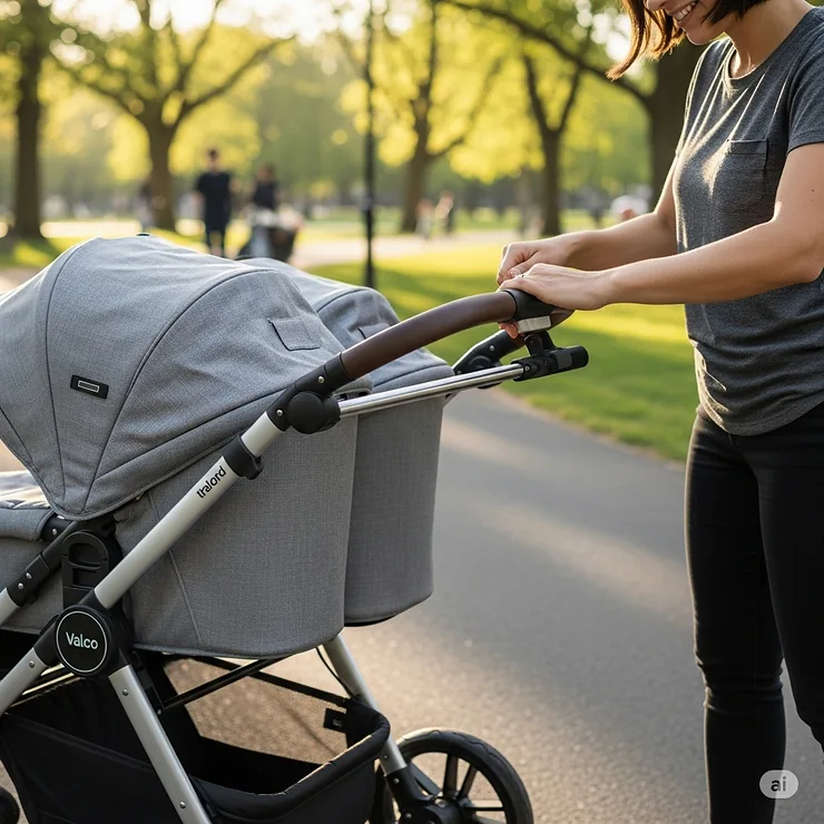 Adjusting the handlebar height on the Valco Trend Duo stroller for parent comfort.