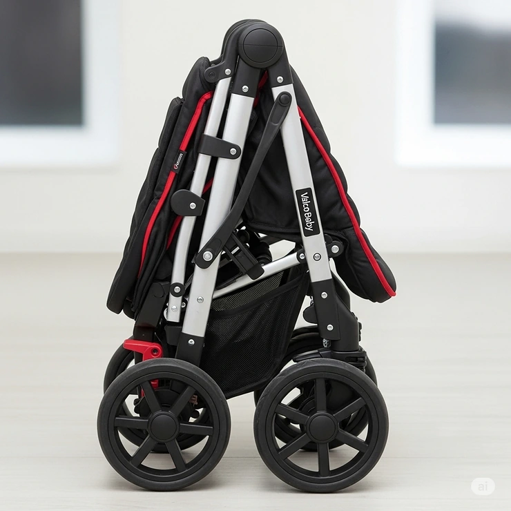 Compact, folded Valco Trend Duo stroller, perfect for storage and travel.
