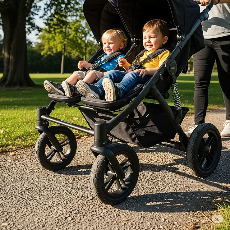 A detailed shot of the durable wheels and suspension system on the Valco Trend Duo for a smooth ride.